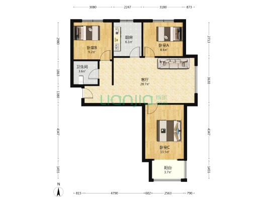 名流美域 3室2厅 南 北-户型图