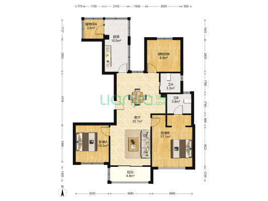 万象华府 2室1厅2卫 115平方
