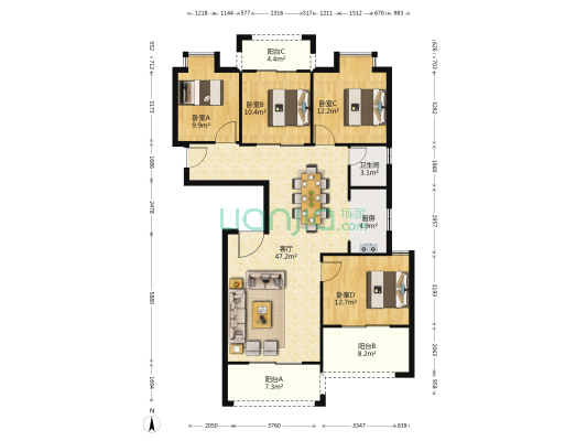 植物原著 4室1厅1卫 142平方