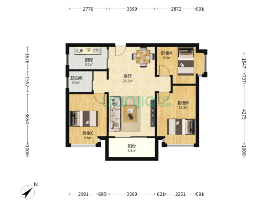 茶山碧桂园2期 3室1厅1卫 88平方