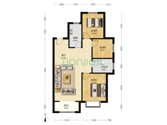 香邑溪谷南北三居，毛坯，好装修！-户型图