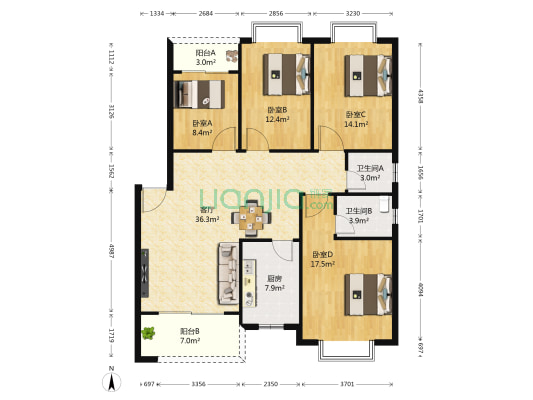 金湾花园 4室1厅2卫 132平方
