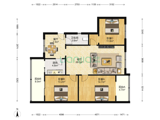 万年场横街5号 3室2厅1卫 106平方