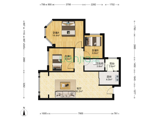 德商华府天骄 3室1厅1卫 65平方