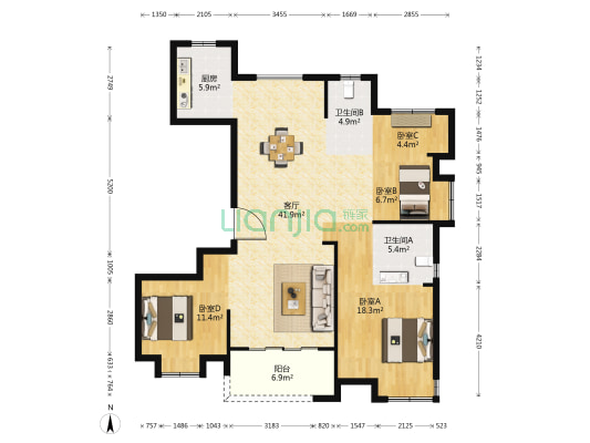 佳洲锦苑 4室1厅2卫 138平方