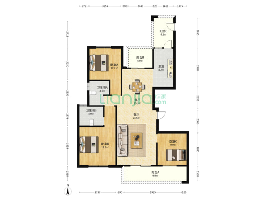 绿城明月春江 3室2厅2卫 141平方