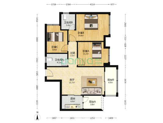 锦悦华庭 3室1厅2卫 96平方