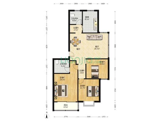 幸福时代公寓 3室1厅2卫 119平方