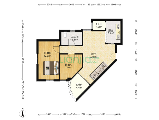 东发大厦 2室1厅1卫 74平方