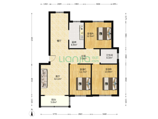 鑫龙花苑 3室1厅1卫 113平方