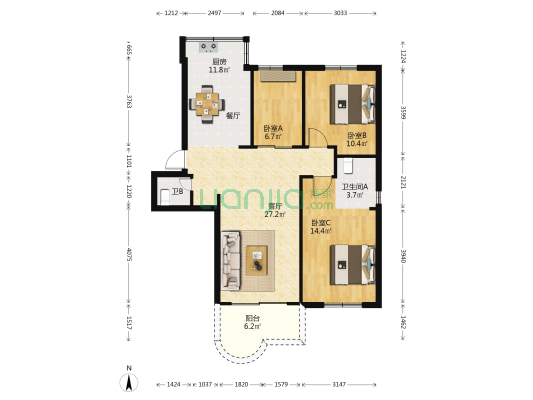 永辉花园 3室1厅2卫 104平方