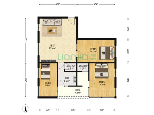 惠福西路 3室1厅2卫 94平方