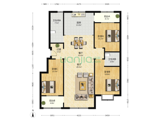 泰和世家 3室2厅2卫 158平方