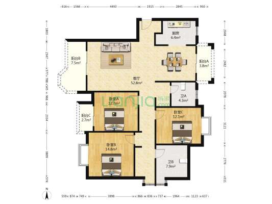合生国际城 3室1厅2卫 150平方