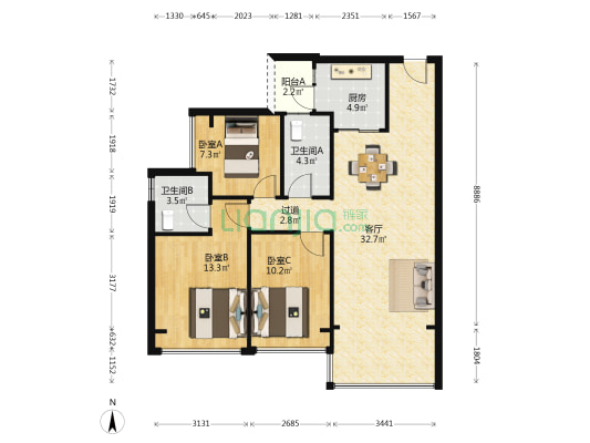 凤翔花园 3室1厅2卫 98平方