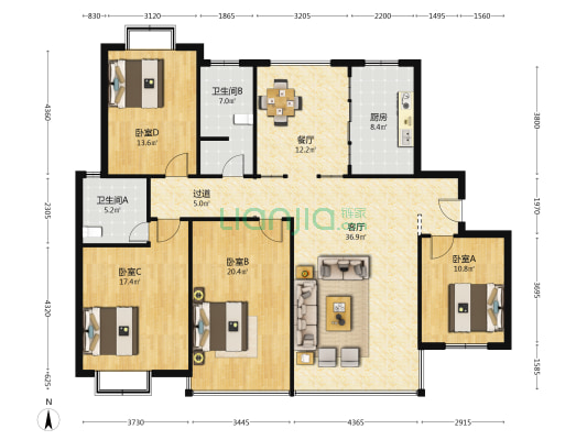 龙城华庭 4室2厅2卫 185平方