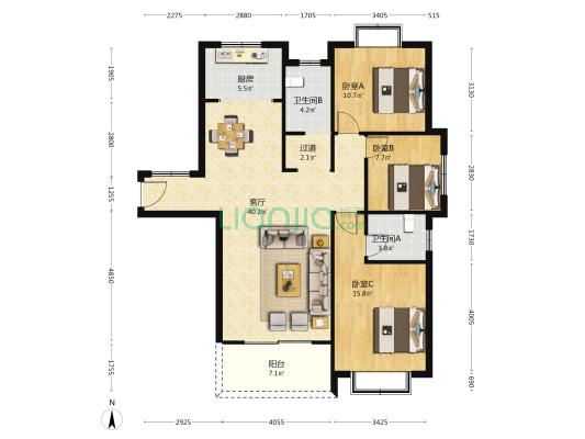 金都华庭住宅小区 3室1厅2卫 132平方