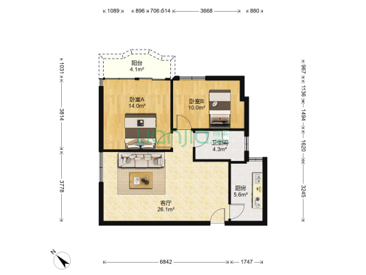 侨立广场 2室1厅1卫 77平方