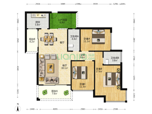 奥城城悦2期 3室1厅2卫 121平方