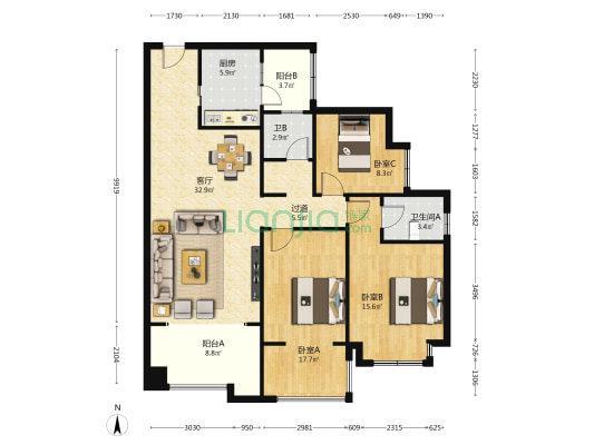 唐安世家 3室1厅2卫 114平方