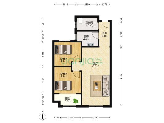 城投伴山居三区 2室1厅1卫 89平方