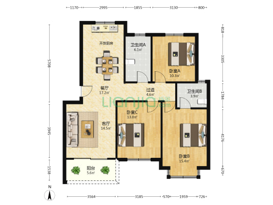 平湖塘花苑 3室2厅2卫 106平方