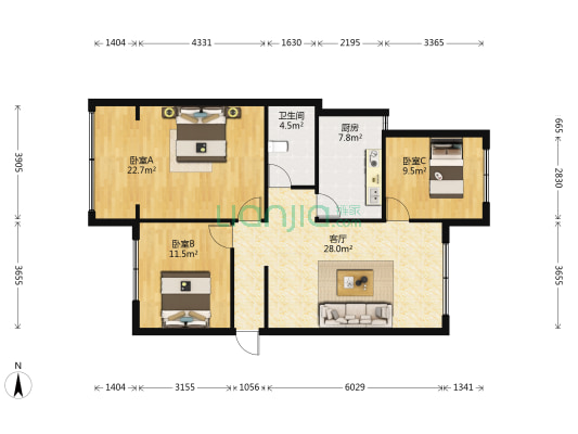 兴隆花园 3室1厅1卫 102平方