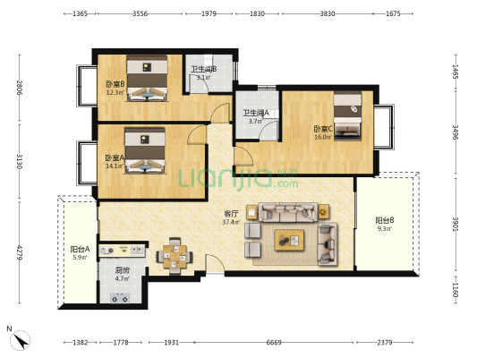 东兴苑 3室1厅2卫 132平方