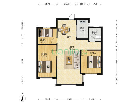 招商雍景湾 3室1厅1卫 89平方