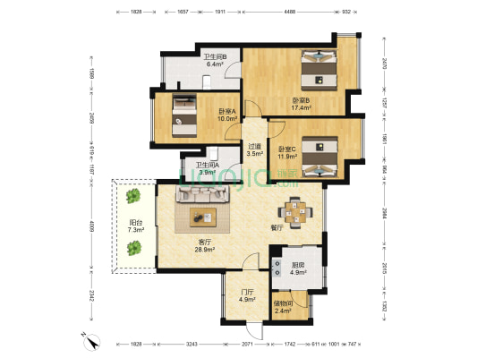 星华海岸城 3室1厅2卫 117平方