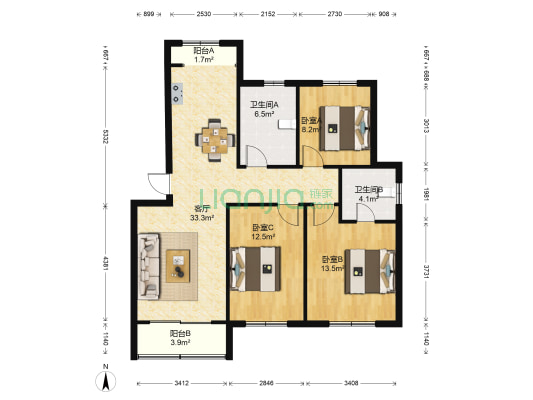 鑫茂花园 3室1厅2卫 154平方