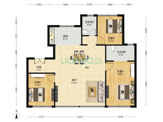 昆仑江山府 3室1厅2卫 135平方
