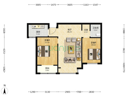 國宅華府·南院 2室1厅1卫 97平方