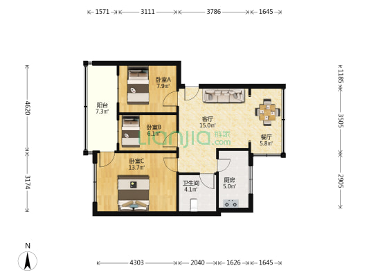 市外贸宿舍 3室2厅1卫 70平方