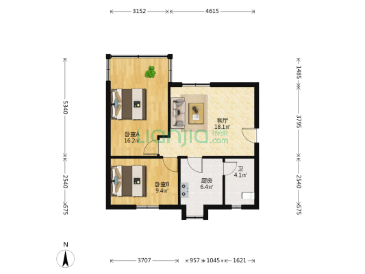 长橡家园 2室1厅1卫 64平方