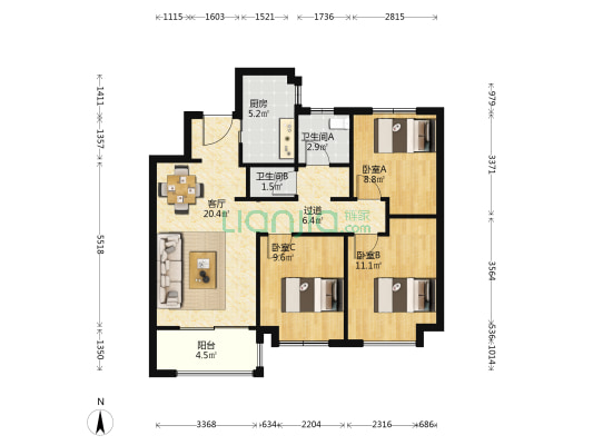龙湖春江天境 3室1厅2卫 100平方