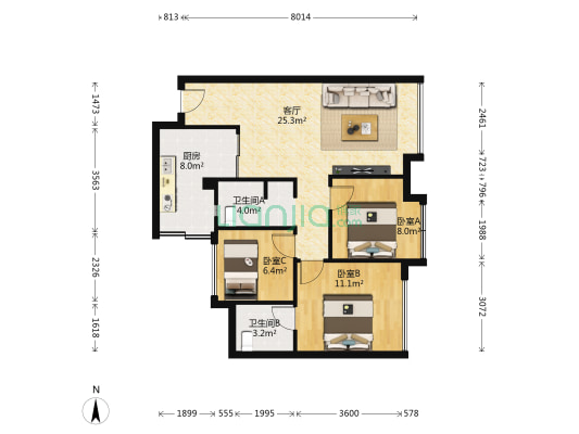蓝润V客东区 3室1厅2卫 83平方