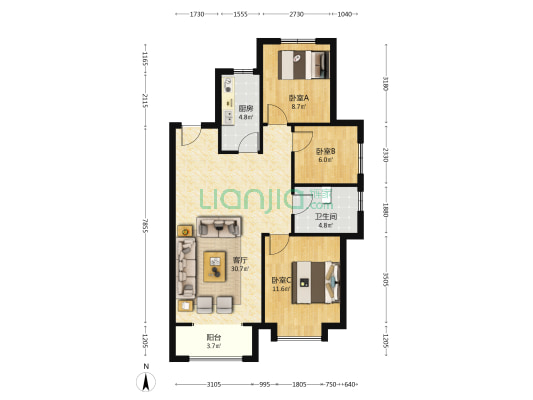 南北通透，全天采光视野开阔，小区环境好，交通便利。-户型图