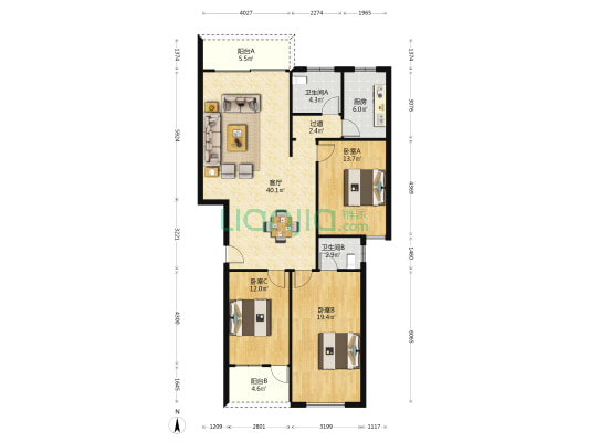 南湖苑 3室1厅2卫 127平方