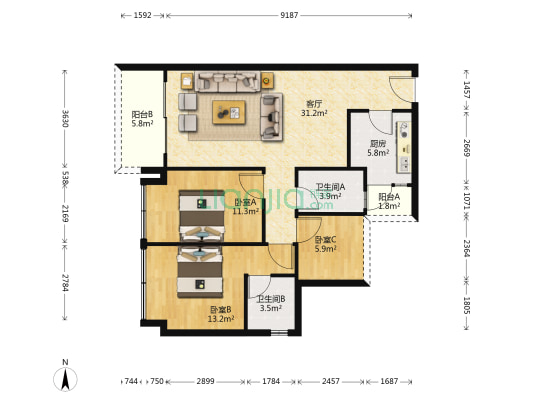 碧桂园珑誉花园 3室1厅2卫 97平方
