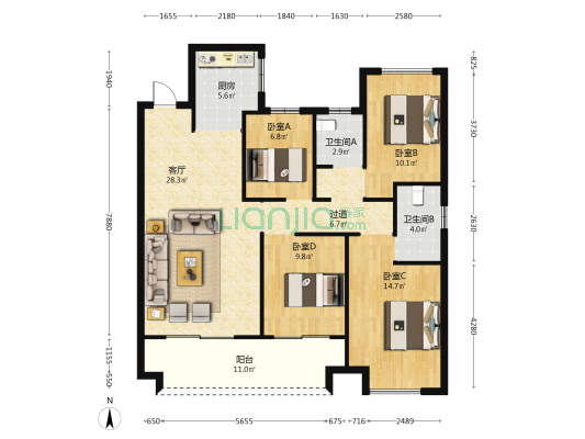 学府源著 4室1厅2卫 121平方