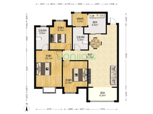大地丽都三期 3室1厅2卫 125平方
