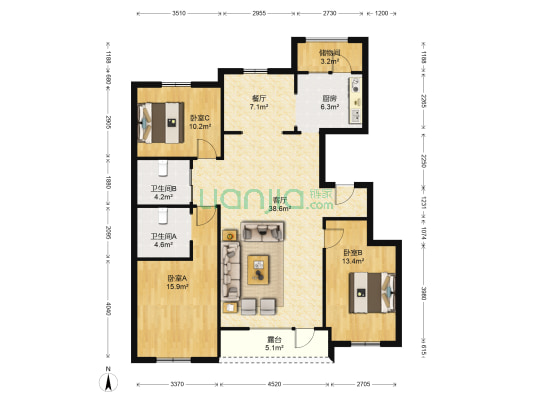 中国铁建花语城 3室2厅2卫 132平方