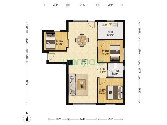 汇富花园 3室1厅1卫 86平方