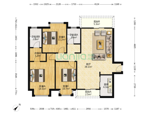 新城市花园二期 3室1厅2卫 115平方
