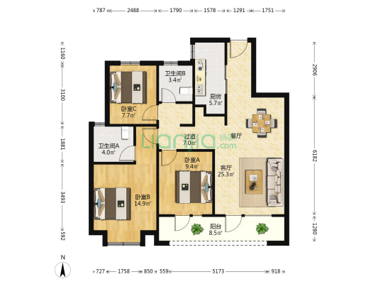 朗诗金鼎名城 3室1厅2卫 115平方