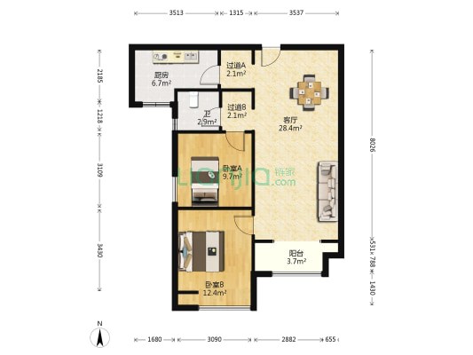 建业春天花园二期 2室1厅1卫 91平方