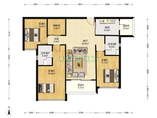 雅居乐花园英伦首府 3室1厅2卫 125平方