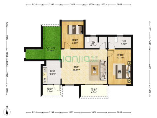 颐澳花园 2室1厅2卫 94平方