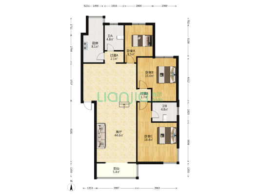 花园小城 3室1厅2卫 138平方
